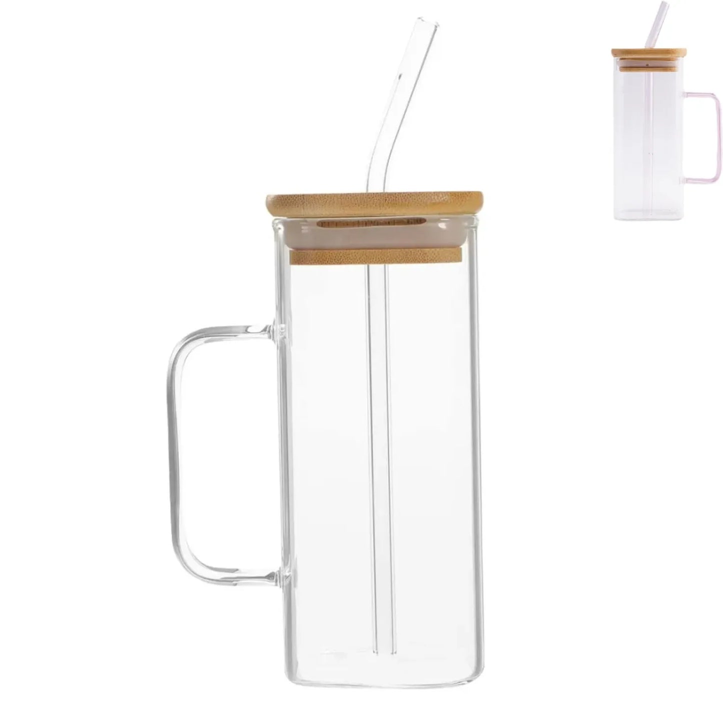 Vaso Taza de Vidrio con Sorbete y Tapa de Bambú