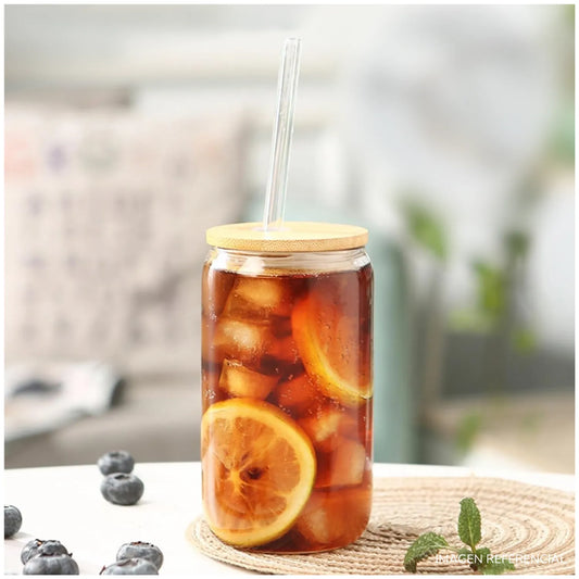 Vaso de Vidrio con Tapa de Bambú