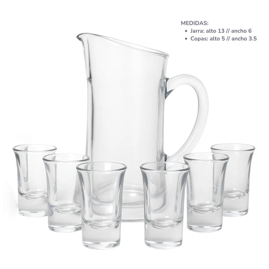 Jarra con copas de shot mini vidrio Set x7