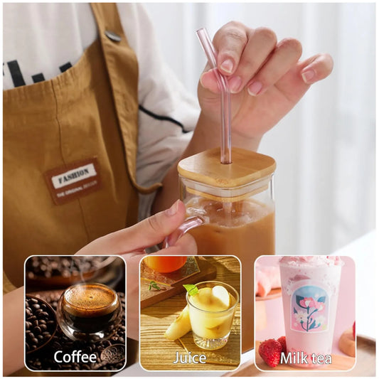 Vaso Taza de Vidrio con Sorbete y Tapa de Bambú