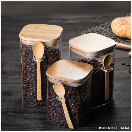 Set x3 Frascos de almacenamiento con tapa y cucharita estilo Bambú