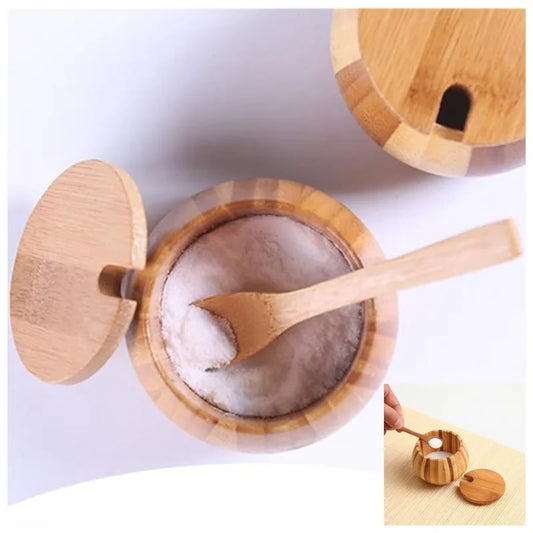 Condimentero salero azucarero con cucharita eco friendly de bambu