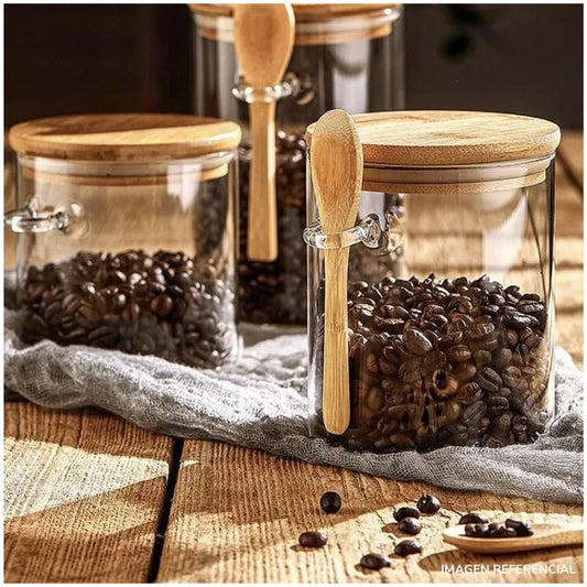 Frasco de almacenamiento con tapa y cucharita estilo Bambú