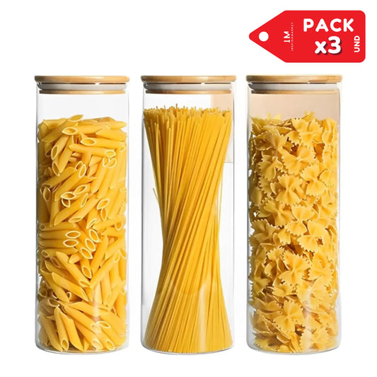 Contenedor Hermético de Vidrio con Tapa de Bambú Pack x3