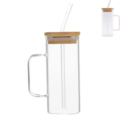 Vaso Taza de Vidrio con Sorbete y Tapa de Bambú