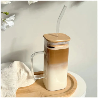 Vaso Taza de Vidrio con Sorbete y Tapa de Bambú