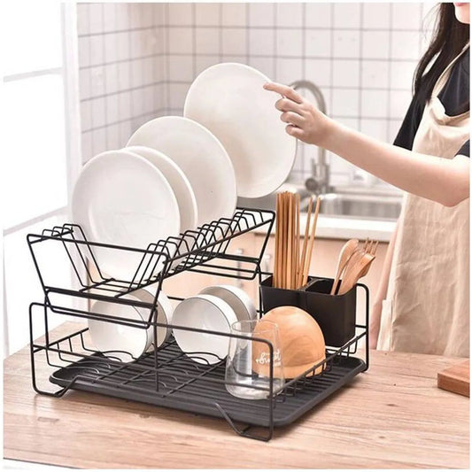 Escurridor de platos de 2 niveles metal Negro