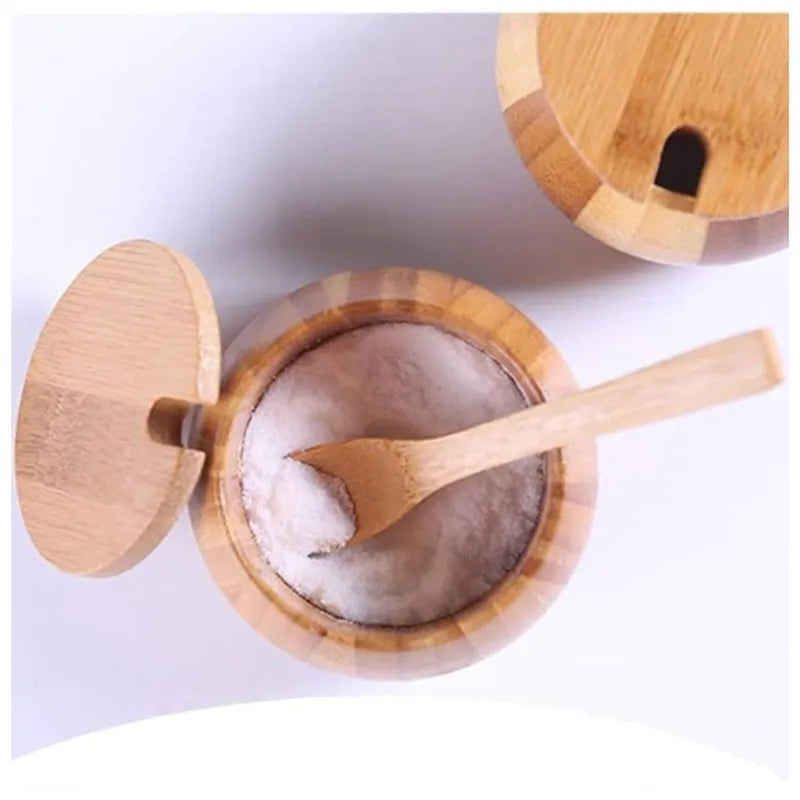Condimentero salero azucarero con cucharita eco friendly de bambu