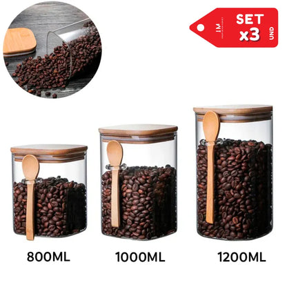 Set x3 Frascos de almacenamiento con tapa y cucharita estilo Bambú