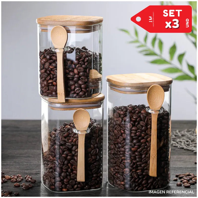 Set x3 Frascos de almacenamiento con tapa y cucharita estilo Bambú