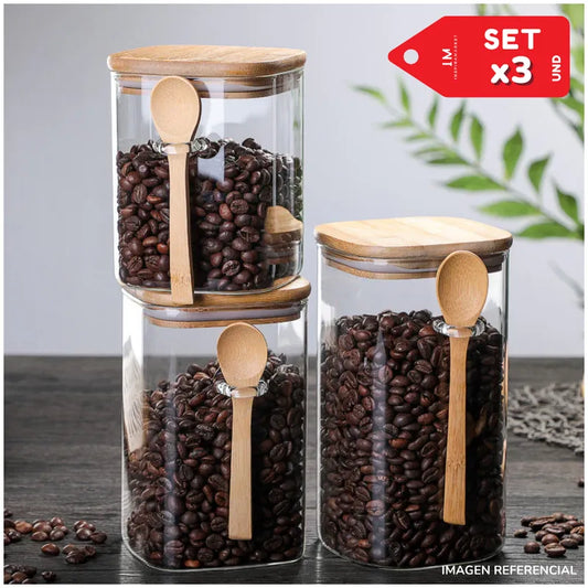 Set x3 Frascos de almacenamiento con tapa y cucharita estilo Bambú